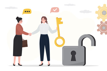 Businesswomen handshake after difficulty and successful negotiation. Find secret key, method to achieve highest result in work, teamwork, cooperation for success,