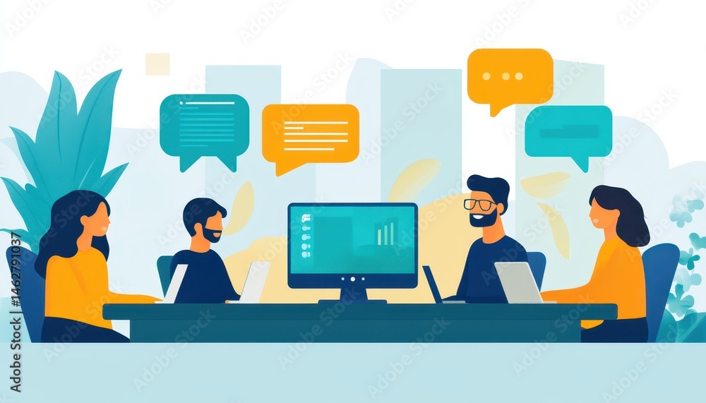 Poster business team collaborating during a meeting in a modern office setting with a cityscape in the back