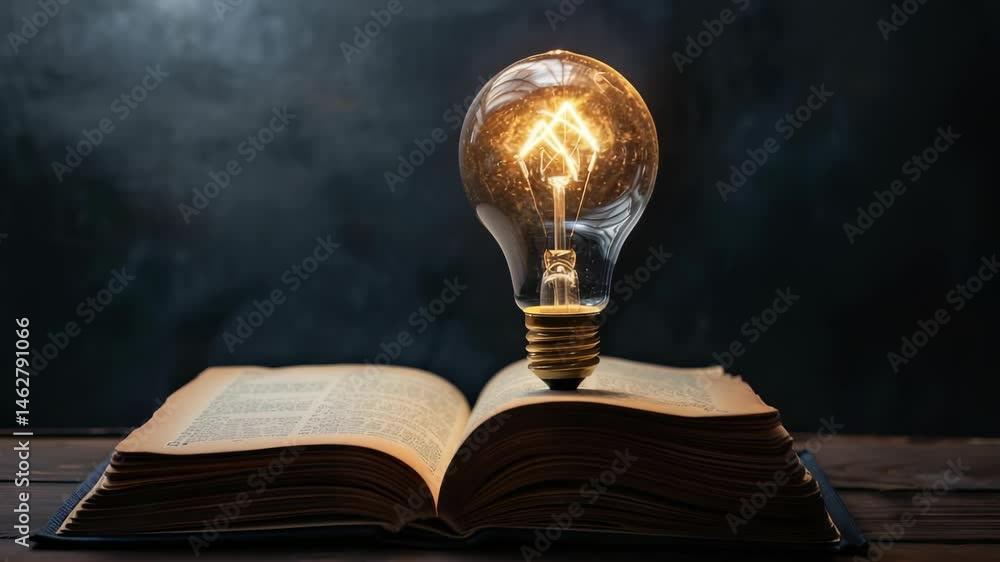 Poster The image depicts an open book with a vintage-style light bulb sitting on top, radiating light and suggesting the illumination of knowledge. The scene is set against a dark backdrop.