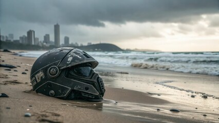Sleek motorcycle helmet resting on sandy beach, urban skyline emerging through overcast skies