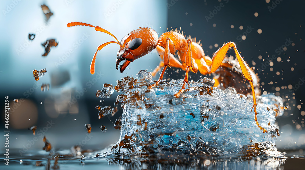 Aufkleber A photorealistic macro shot of an ant interacting with water. Great for nature documentaries or science lessons. Use it to highlight the beauty of tiny creatures.