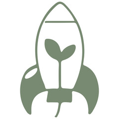 simple business icon of a rocket with a green leaf, meaning the right and fast movement towards ecological ideas, the union of business and ecology