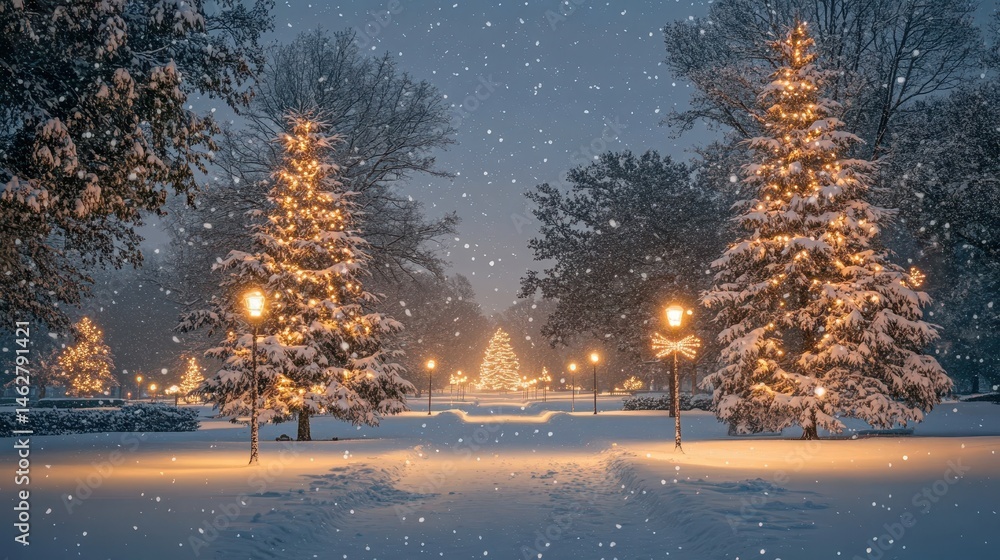 Aufkleber snowy winter evening in a park with illuminated trees and festive lights creating a magical holiday 