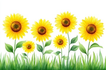 Fototapeta premium Summer Sunflowers in Green Grass - Vibrant watercolor painting of sunflowers of varying sizes blooming in a field of green grass against a white background