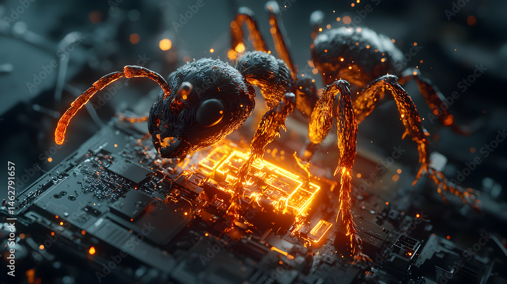 Aufkleber a digital ant with glowing circuits explores a motherboard. it could be used for tech presentations 