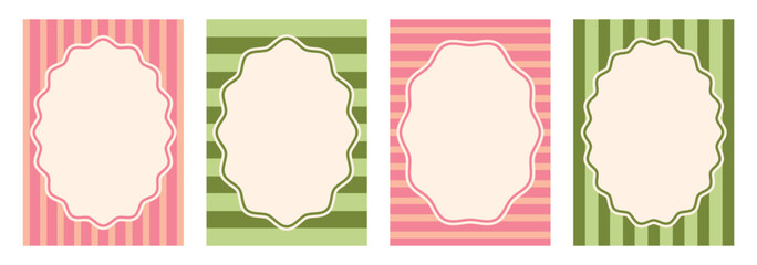 Set of stylish backgrounds for birthday, wedding with wavy edge. Striped background and oval frame with wavy edge. Vector design of abstract template for invitations, cards, banners, text boxes.