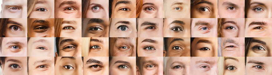 Collage of different international people eyes, panorama, ophthalmology concept