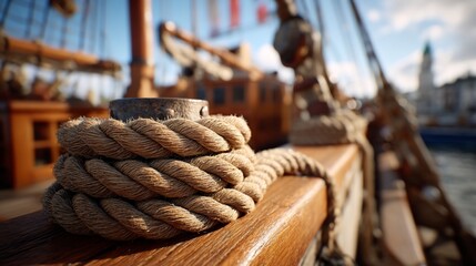 Obraz premium Maritime knot tied aboard antique sailing vessel