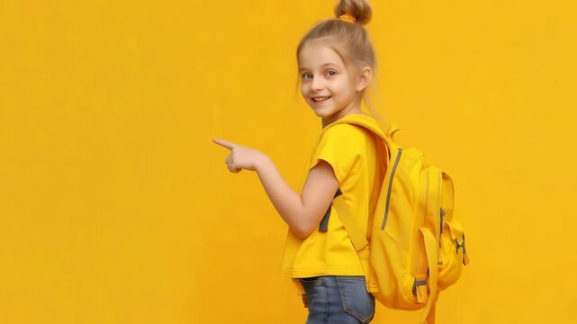 A smiling young girl with a backpack stands in front of a solid yellow background, cheerfully pointing to her left, leaving copy space. She is wearing a matching top, and light jeans.