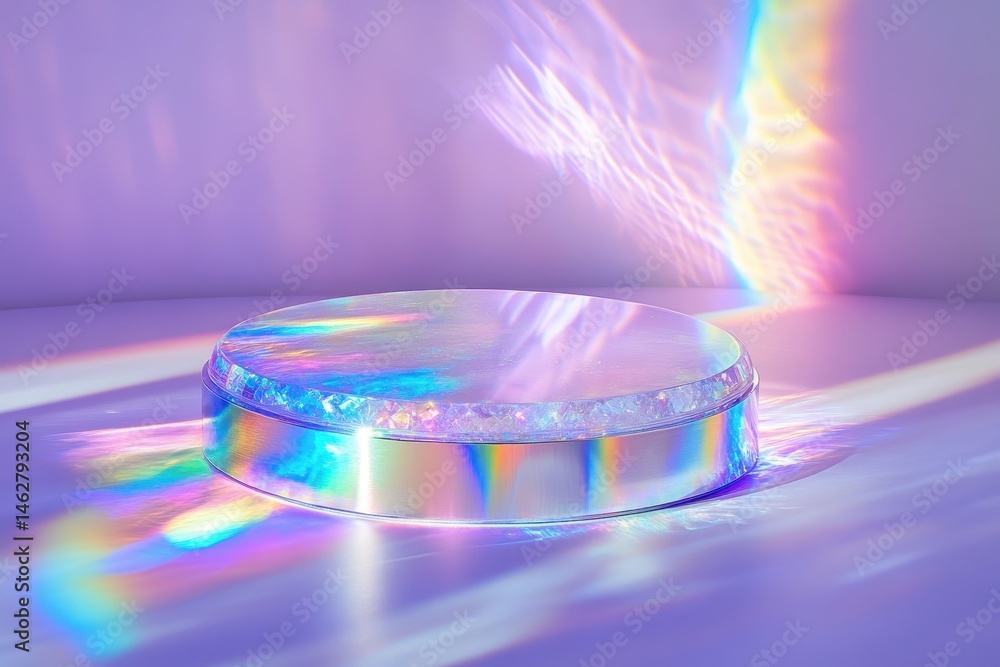 Poster colorful iridescent disc on a white background showcasing a blend of pastel shades reflecting light 