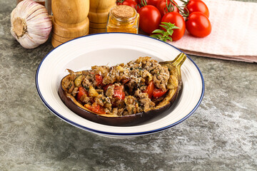 Baked eggplant stuffed meat and tomato