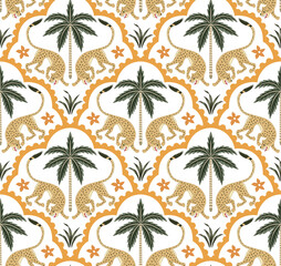 Leopard animal, arch, tropical palm tree, flower seamless pattern. Boho floral wallpaper.