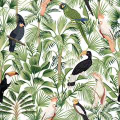 Toucan, parrot, cockatoo, exotic bird, tropical palm tree, banana leaves, plant floral seamless pattern white background. Exotic botanical jungle wallpaper.