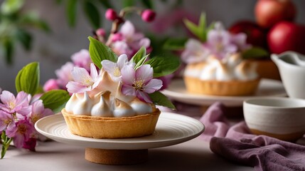 Meringue tart adorned with spring blooms