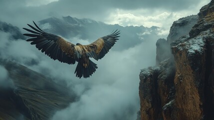 Fototapeta premium Eagle soaring above misty mountain peaks