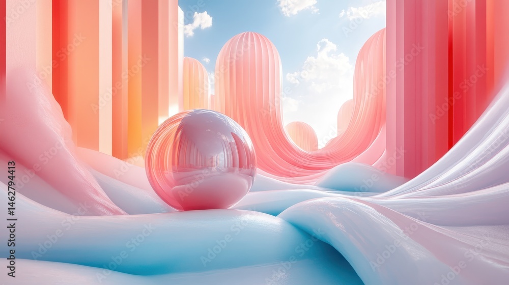Poster Colorful abstract landscape features smooth flowing shapes and gradients, creating a vibrant and surreal environment for a central product display