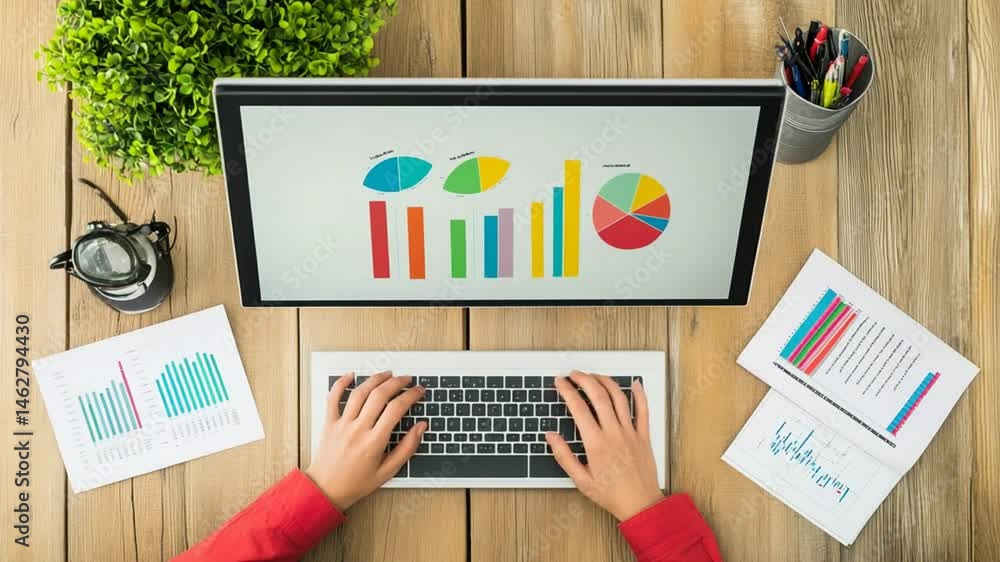 Poster analyzing business data and graphs on a computer screen for financial growth, productivity