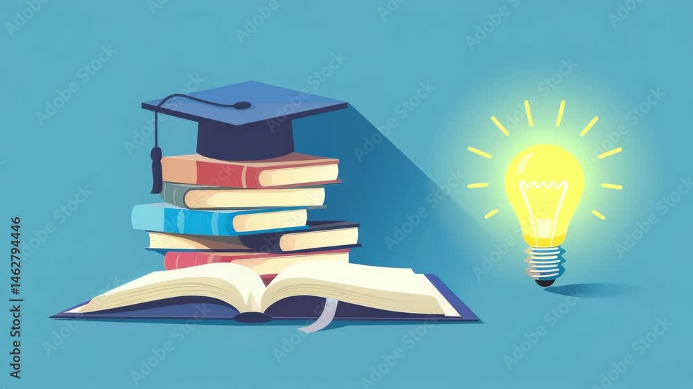 Poster an illustration featuring a stack of books topped with a graduation cap beside a glowing light bulb,