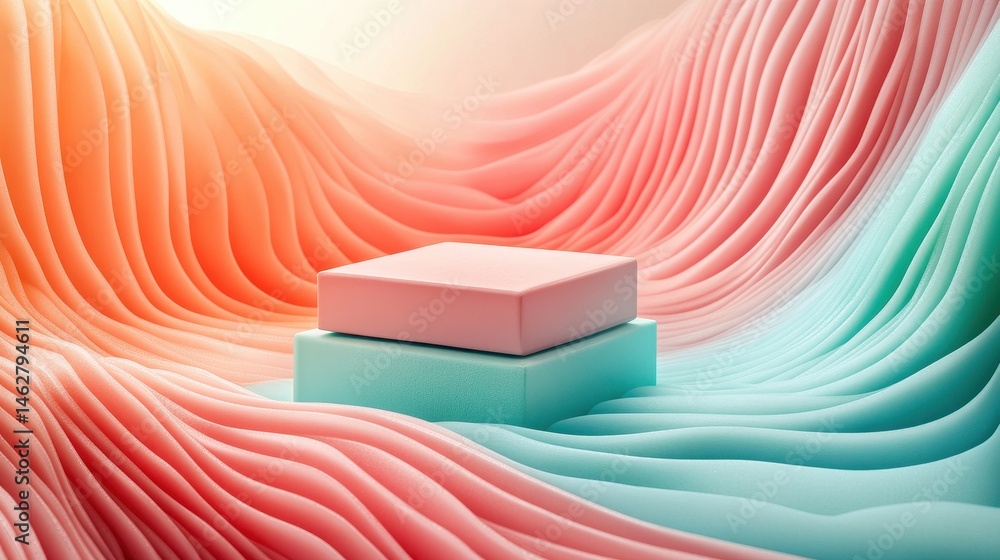 Poster Colorful abstract landscape features smooth flowing shapes and gradients, creating a vibrant and surreal environment for a central product display