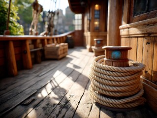Obraz premium Nautical rope coiled on wooden deck