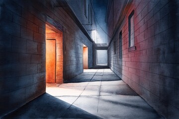 Obraz premium Watercolor Night Alleyway Shadows - A dimly lit alleyway at night, shadows stretching long, an open door glows, mystery and solitude, urban exploration