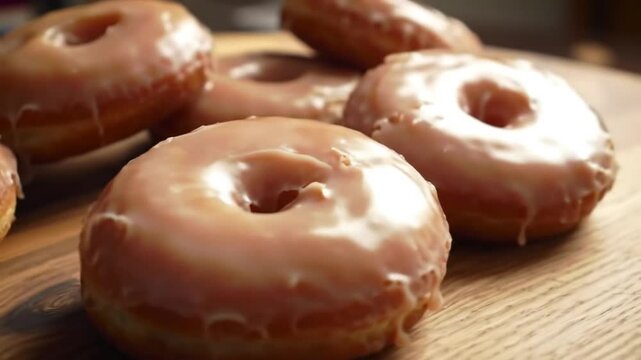 Delicious Donas Glaseadas featuring Sweet Glaze on a Rustic Wooden Table in Warm Light Close Up