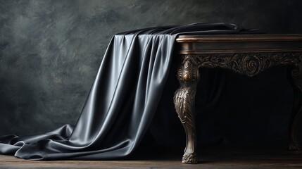 Elegant Dark Gray Silk Drape on Antique Wooden Table Rich Textures Luxurious Fabric Studio Photography Dark Background  