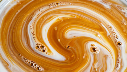 Cream swirls into coffee, creating a captivating pattern in a cup. The rich brown and creamy white colors merge beautifully, providing a delightful morning beverage