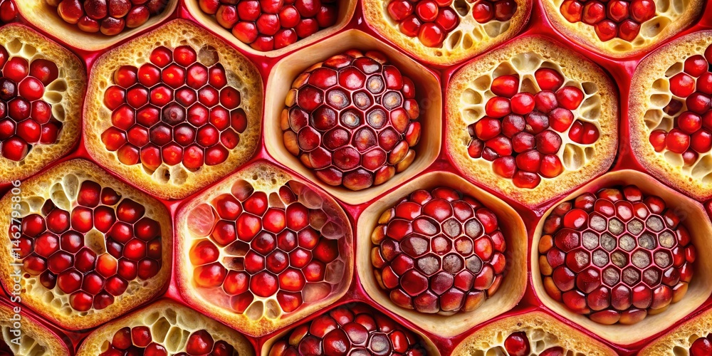 Poster Clusters of pomegranate seeds display a vibrant array of deep red hues and intricate textures within distinct hexagonal shapes, evoking natural beauty and freshness