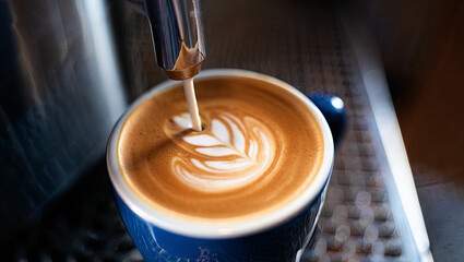 A skilled barista creates intricate latte art in a blue cup filled with creamy coffee at a bustling cafe during the morning rush, highlighting their artistry and expertise