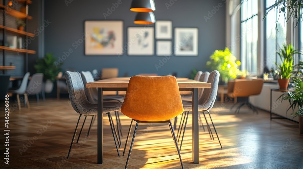 Poster bright and inviting workspace filled with greenery showcases a modern design, emphasizing productivi