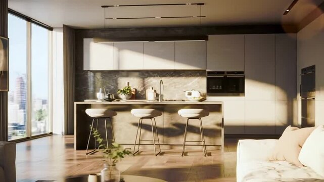 View of modern kitchen with island, stools, and white sofa in living room area