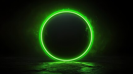 Circular neon green glowing frame, dark background, stone floor, empty space inside