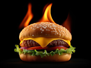 A juicy cheeseburger with a sesame seed bun, melted cheddar, fresh vegetables and a grilled beef patty surrounded by a dynamically flaming fire