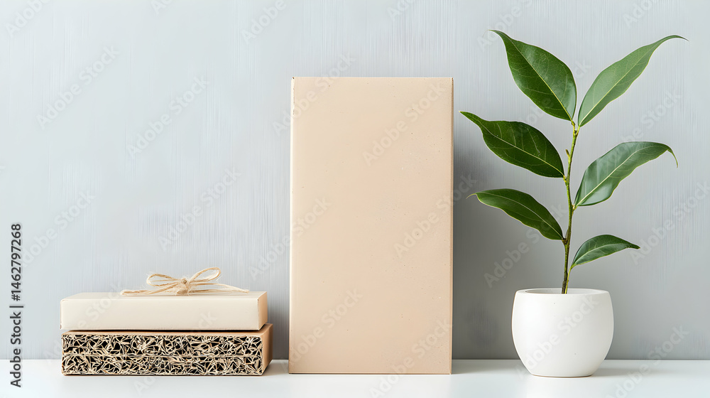 Aufkleber this image features a minimalist aesthetic with boxes and a plant. it is perfect for a website backg