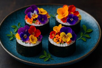 Delicate Floral Sushi A Symphony of Edible Flowers and Japanese Cuisine Creating an Artful Fusion of Flavors and Aesthetics in a Modern Culinary Masterpiece