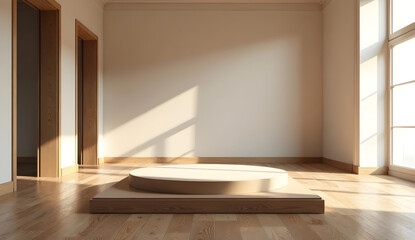 An empty, elegant art gallery pedestal on a polished wooden floor in a modern, minimalist art space, with soft, diffused skylight illuminating the interior. Rich tones and subtle textures in the woode