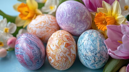 A colorful egg with a swirl pattern sits on a table next to a bouquet of flowers