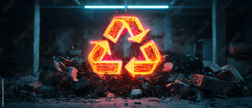 Poster a neon recycling symbol glows amidst waste creating an impactful visual. consider its use for enviro