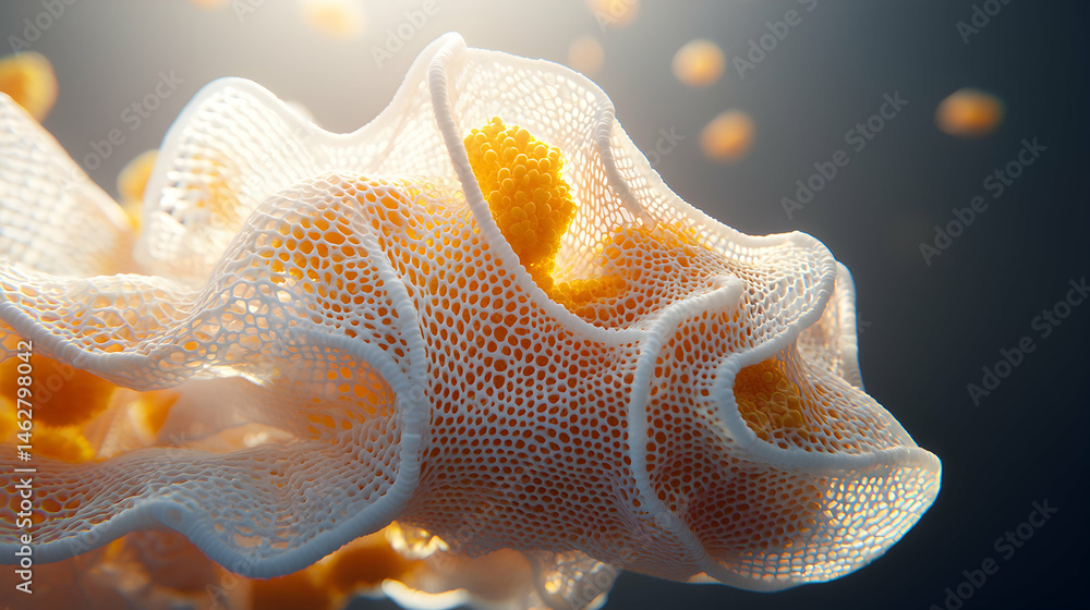 Poster an ethereal close-up revealing intricate structures. suggests applications in art or design visualiz