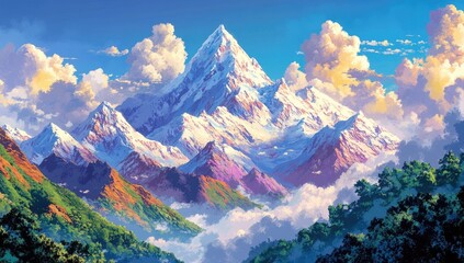 Majestic mountain range, snow-capped peaks, vibrant colors, lush forests, and fluffy clouds
