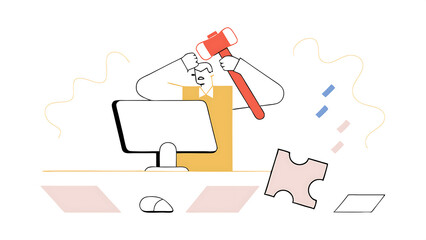 frustration and chaos from computer problem or tech failure stressful or anxiety from overworked or disappointment and mistake concept frustrated businessman hitting to break computer with hammer