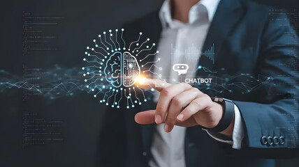 Businessman Interacting with a Futuristic Chat bot Interface