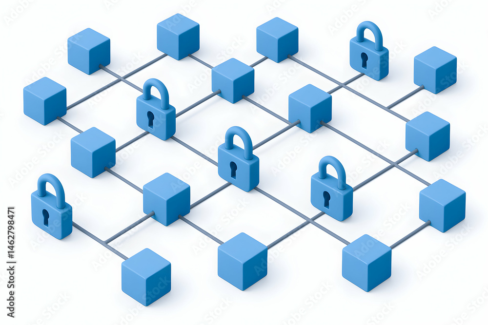 Poster abstract network of secure blue locks and cubes.