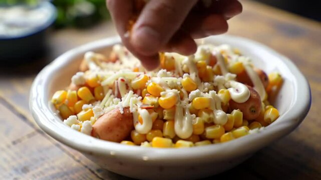 Delicious Esquites in Creamy Mayo and Cheese Top on Wooden Table a Close Up of Mexican Street Food Called Grilled Corn Salad or Roasted Corn kernels