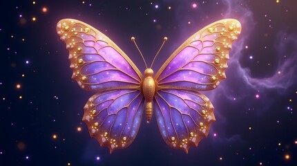 A stunning cosmic butterfly with intricate golden details and vibrant purple wings, set against a starry backdrop.
