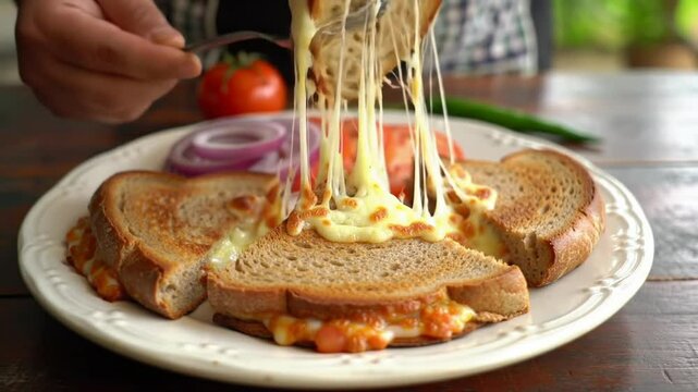 Overhead Close Up of Molletes with Melted Cheese Tomato and Onion Topped on Toasted Bread Served on White Plate Placed on Wooden Table With Bokeh Background