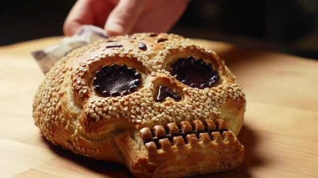 Traditional Pan De Muerto Featuring Sesame Seeds and Decorative Details on Wooden Table in Eye Level Shot