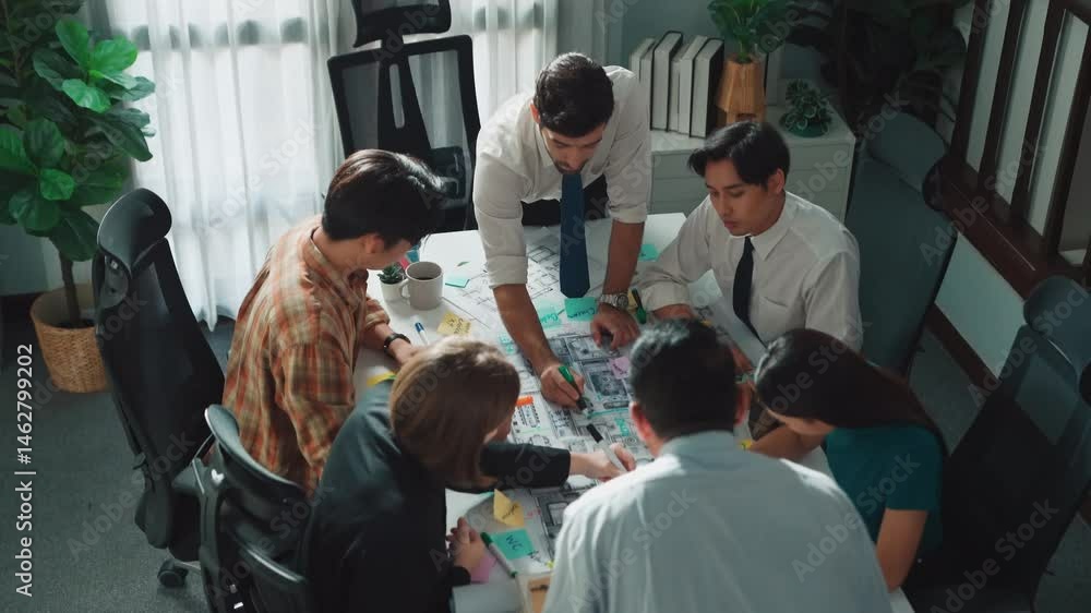 Poster group of diverse team planning strategy while sitting at table with project plan. top aerial view of