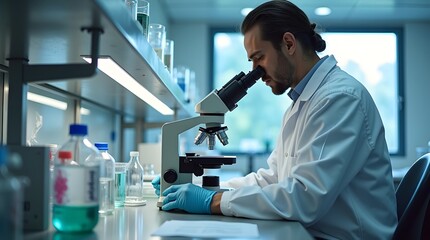 Male scientist examining samples under a microscope in a modern lab, showcasing focus and dedication.